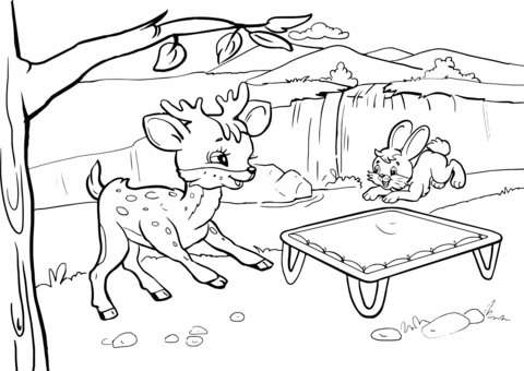 Rabbit and deer are bouncing on a trampoline coloring page free printable coloring pages