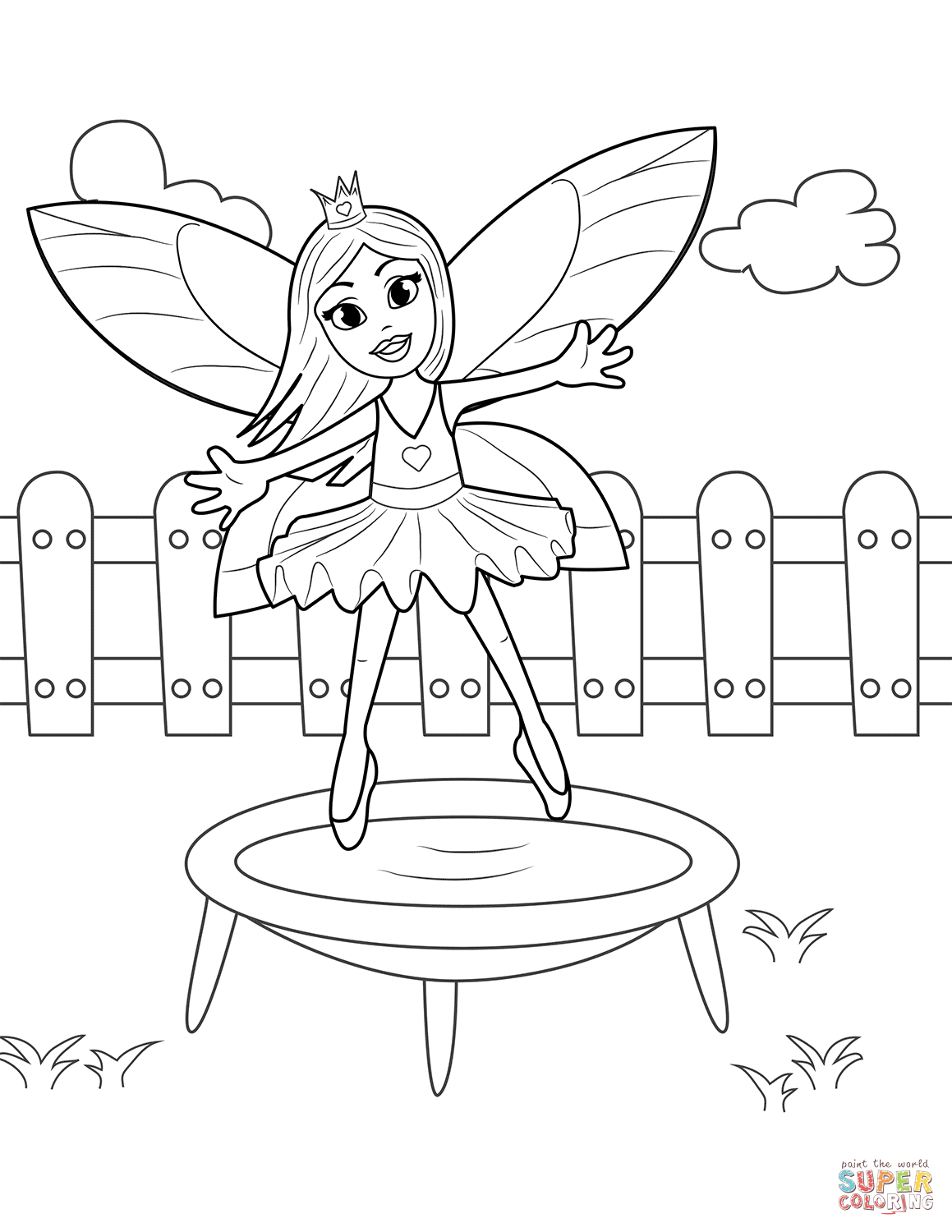 Fairy jumping on trampoline coloring page free printable coloring pages