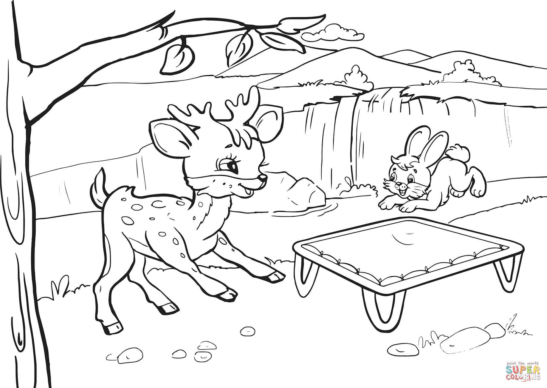 Rabbit and deer are bouncing on a trampoline coloring page free printable coloring pages