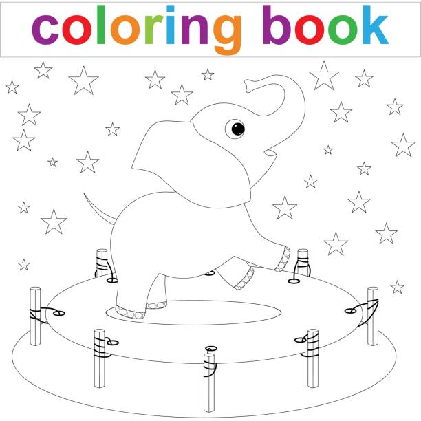 Baby elephant jumping on a trampoline coloring book page template for children stock illustration