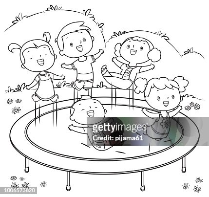 Coloring book kids jumping on trampoline high