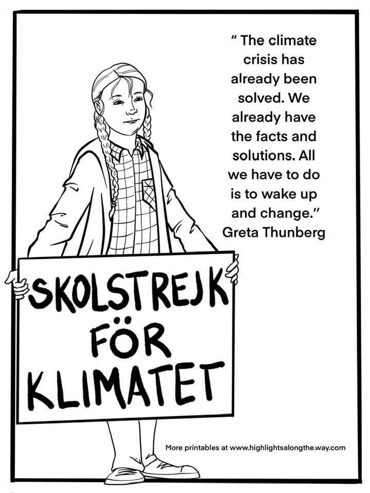 Greta thunberg educational printable coloring page