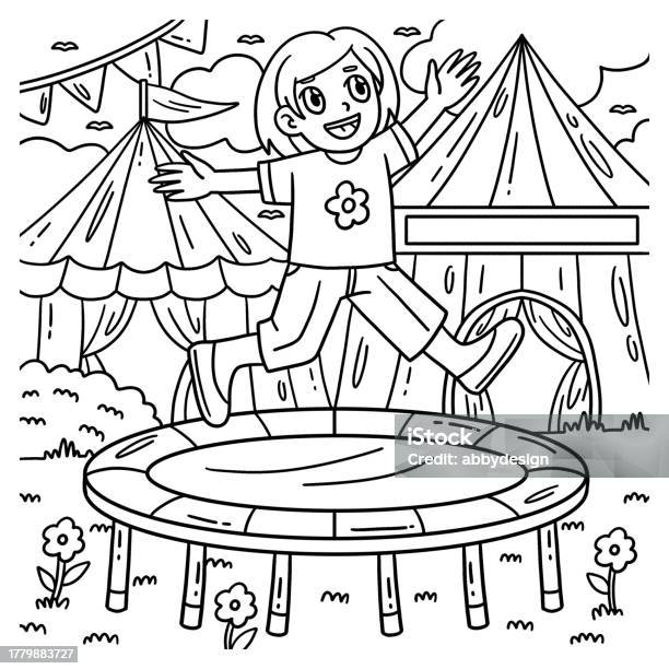 Cartoon happy doodle kids jumping on trampoline outline illustration stock illustration