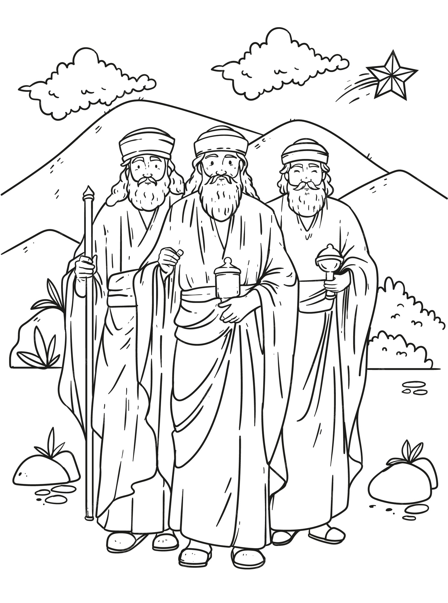 Premium vector hand drawn reyes magos coloring page illustration