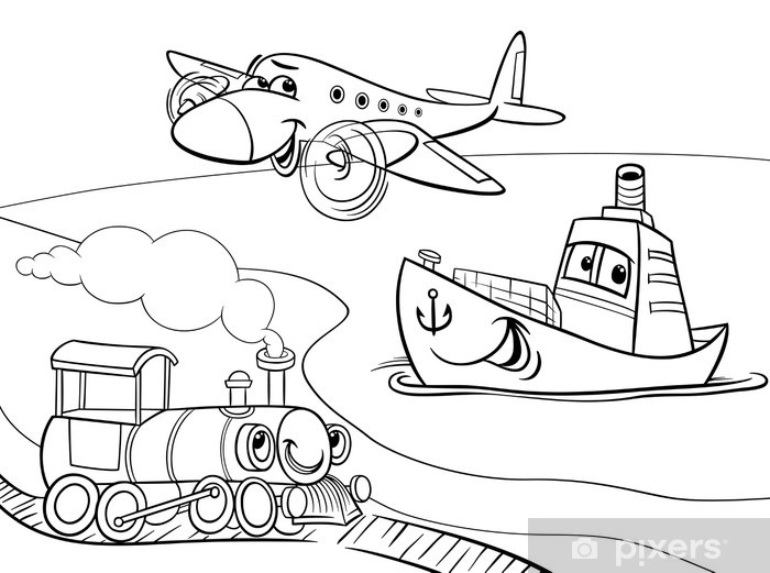 Sticker plane ship train cartoon coloring page