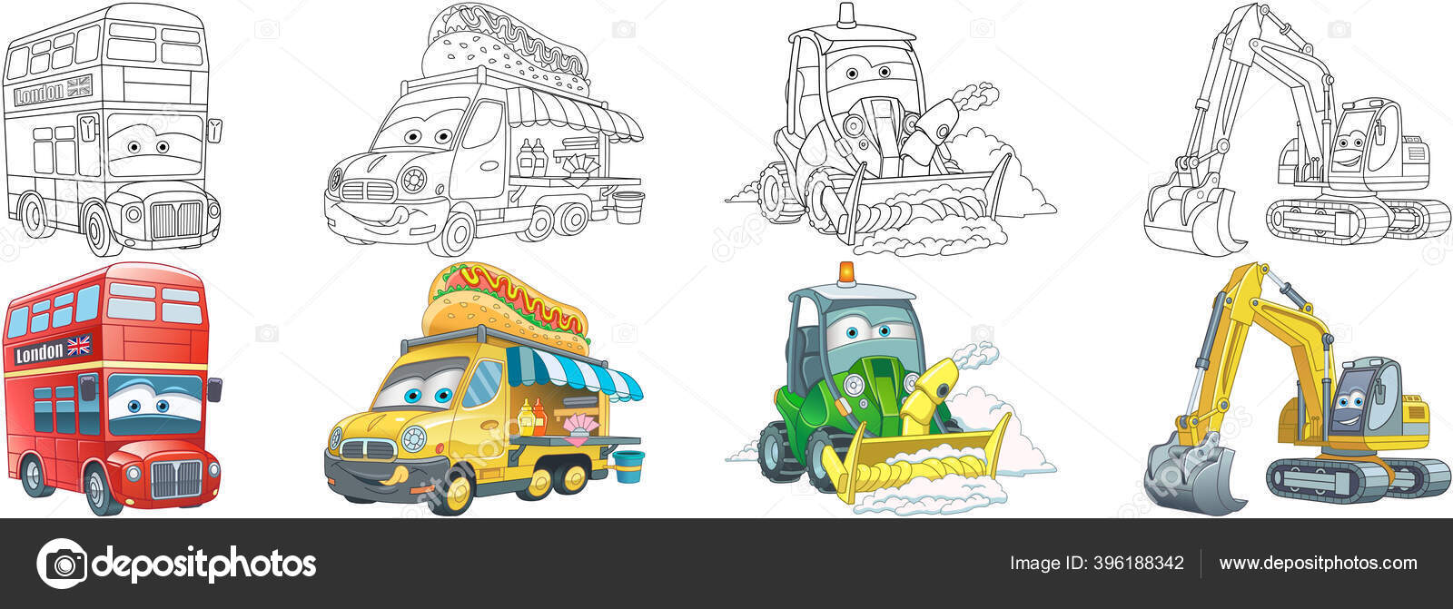 Coloring pages london bus food truck tractors cartoon clipart set stock vector by sybirko