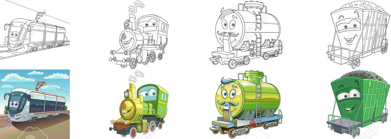 Coloring pages railroad transport cartoon clipart set for activity coloring book t shirt print icon logo label patch or sticker vector illustration royalty free svg cliparts vectors and stock illustration image