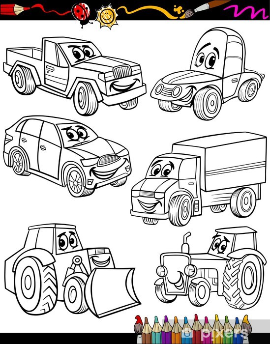 Sticker cartoon vehicles set for coloring book