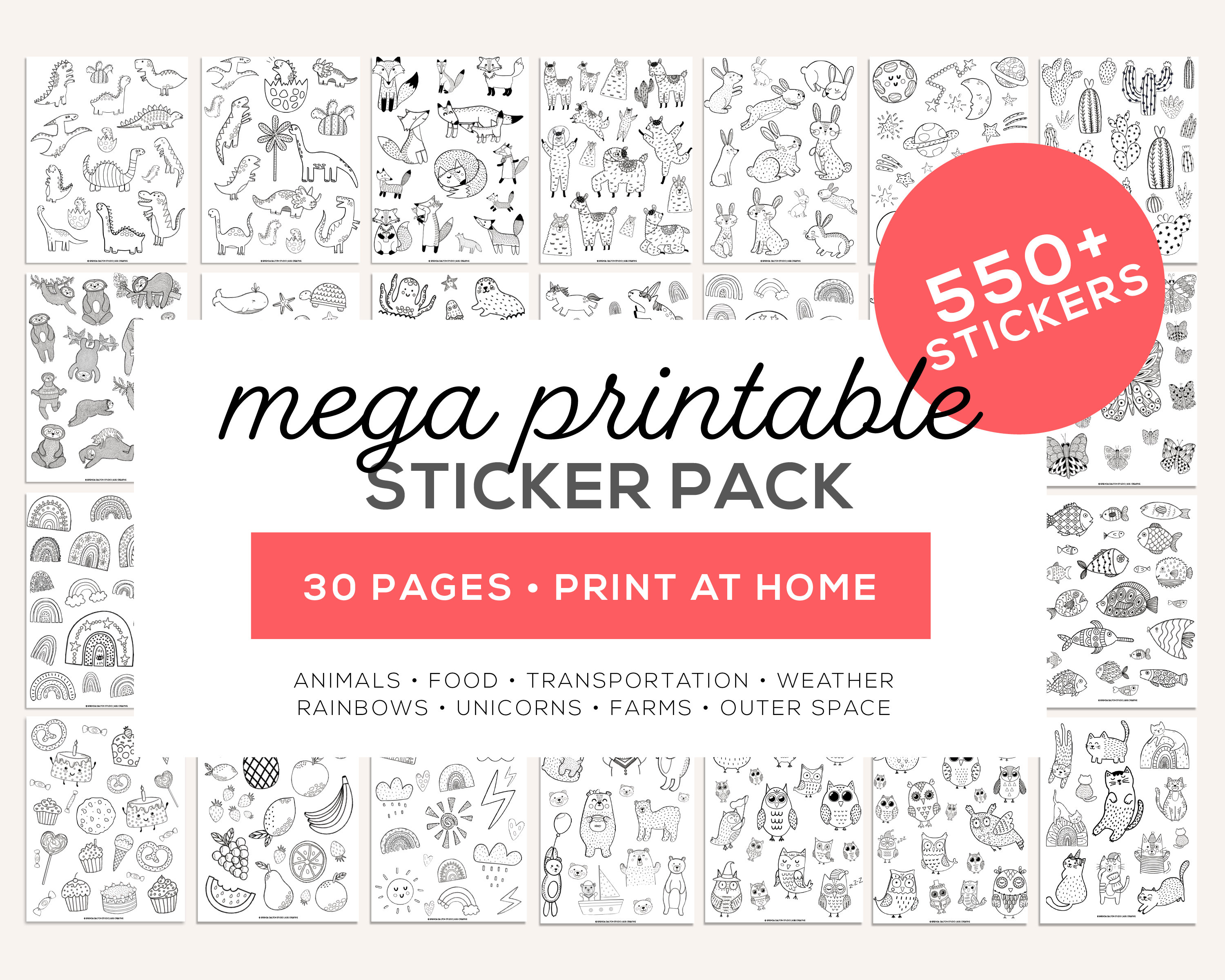 Kids printable coloring sticker mega pack print at home preschool kindergarten elementary coloring sheets