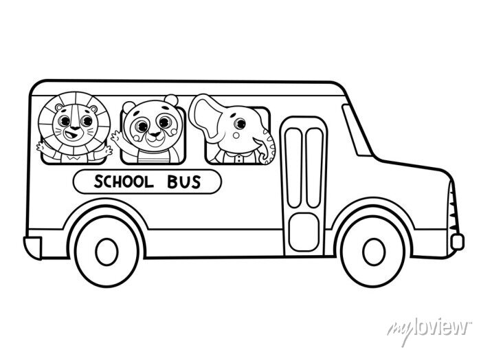 Coloring page outline of cartoon school bus with animals vector â wall stickers isolated illustration image