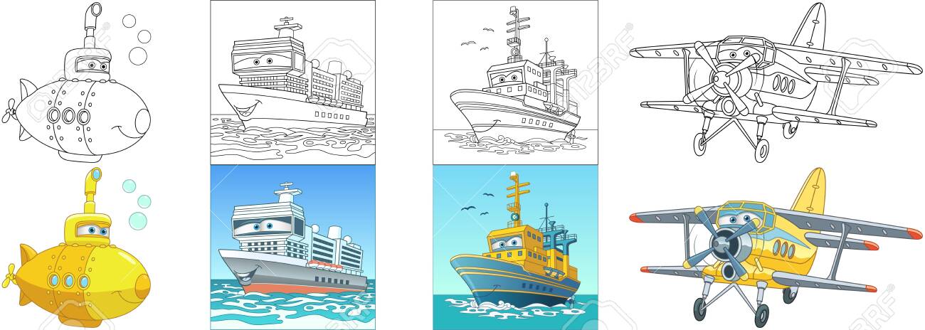 Coloring pages flying and marine transport cartoon clipart set for activity coloring book t shirt print icon logo label patch or sticker vector illustration royalty free svg cliparts vectors and stock illustration