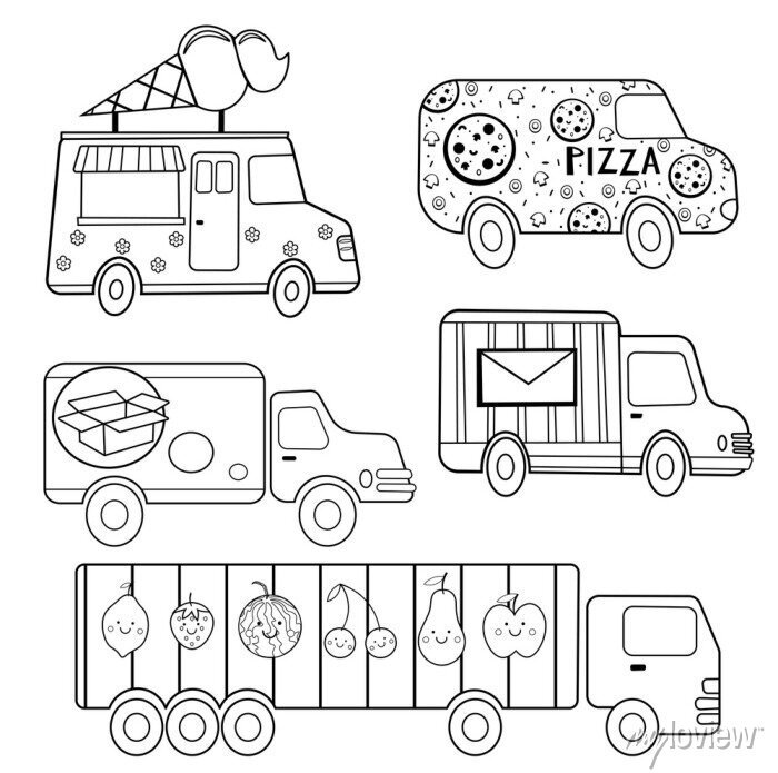 Funny coloring kids transport set delivery trucks cartoon black â wall stickers contour outline colouring