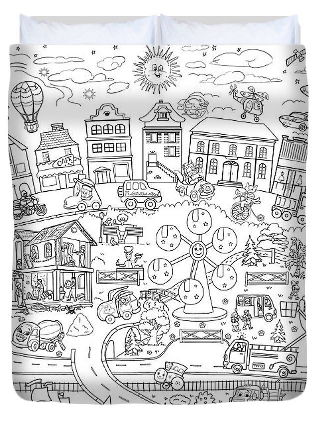 Printable coloring pages for children poster transport city line art illustration duvet cover by olha zolotnyk