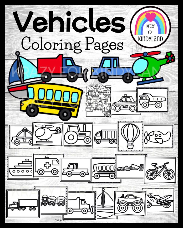 Vehicles coloring pages booklet for transportation car truck airplane boat