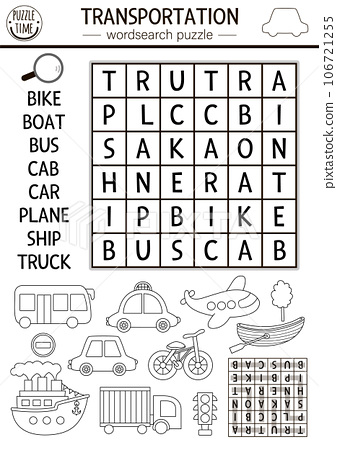 Vector transportation wordsearch black and