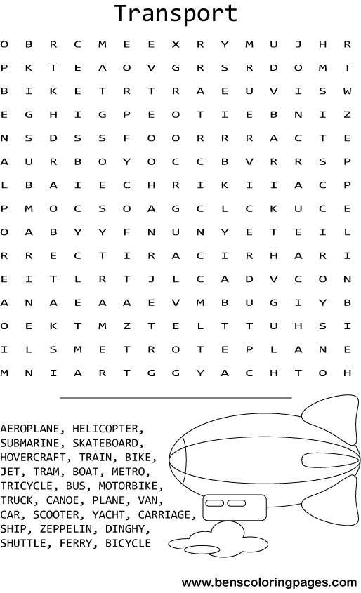 Transport word search coloring pages