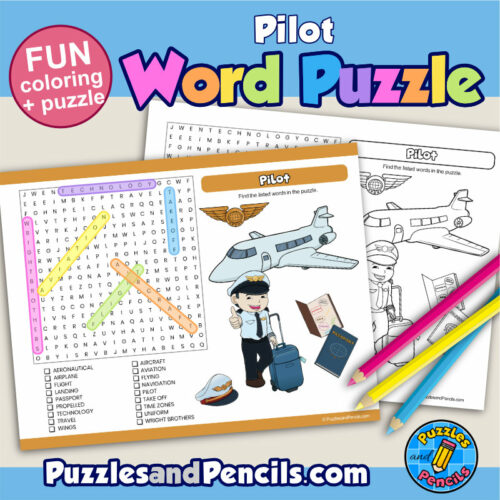 Pilot word search puzzle activity page with coloring career exploration made by teachers