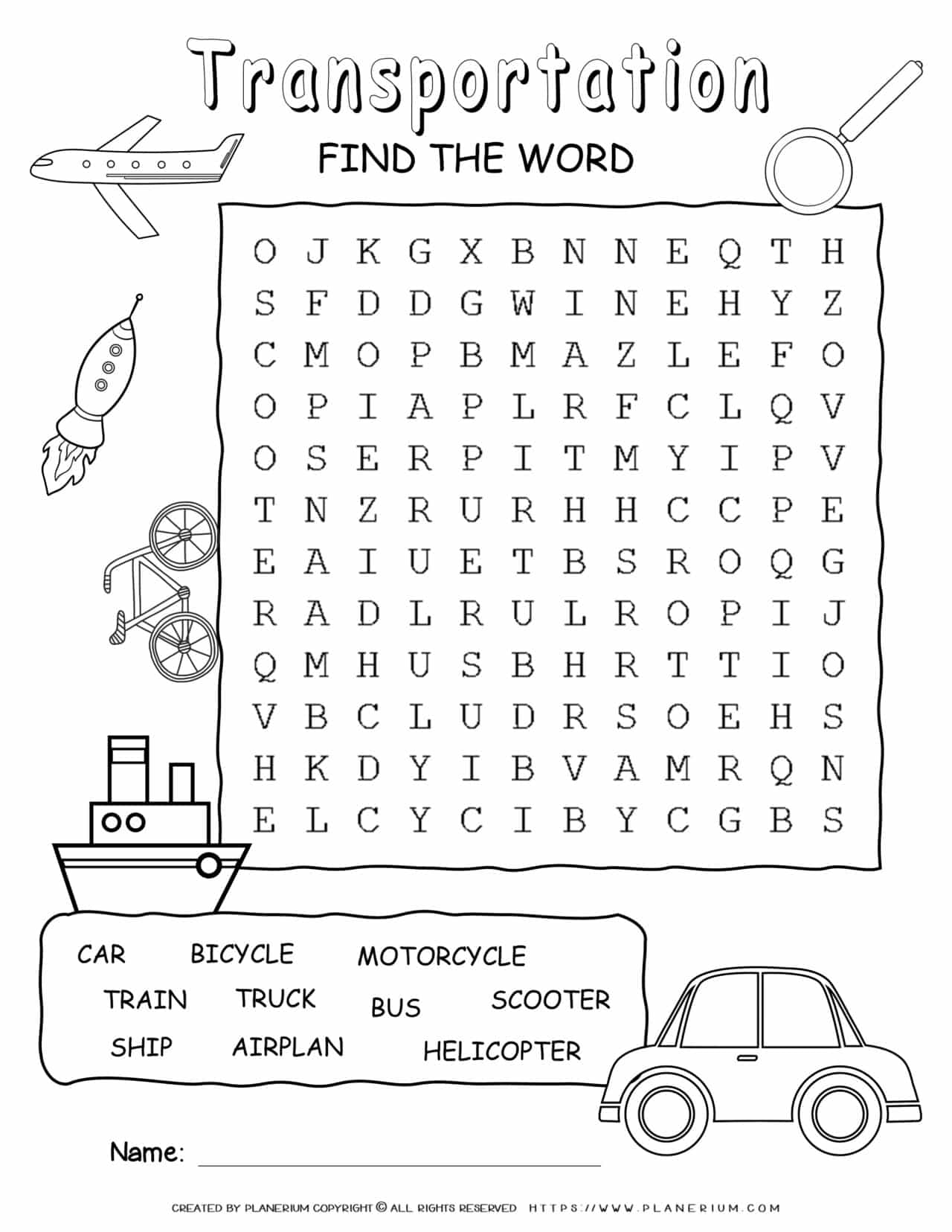 Transportation word search puzzle with ten words