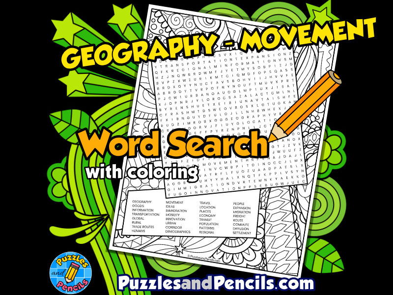 Movement word search puzzle with colouring five themes of geography teaching resources