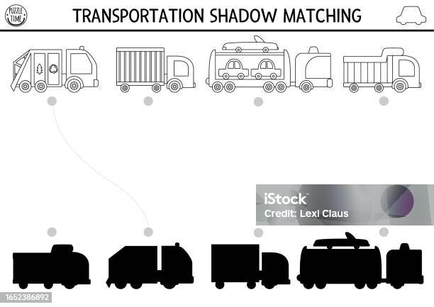 Transportation black and white shadow matching activity transport line puzzle with cute trucks find correct silhouette