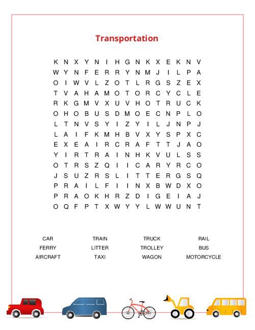 Transportation vehicles word search puzzle