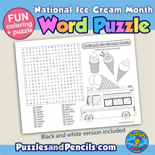 National ice cream month word search puzzle activity page and coloring july wordsearch made by teachers