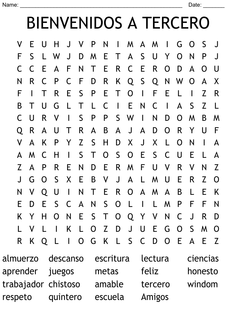 Bienvenidos a tercero word search