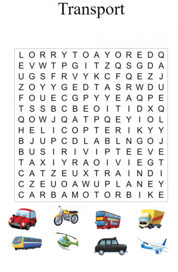 Word search transportation worksheets
