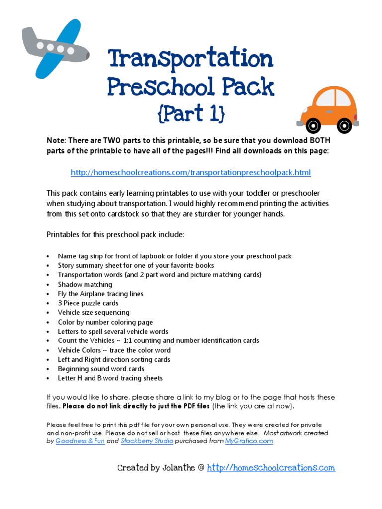 Transportation preschool pack part pdf leisure