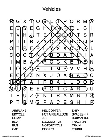 Large print word search â âvehiclesâ â tims printables