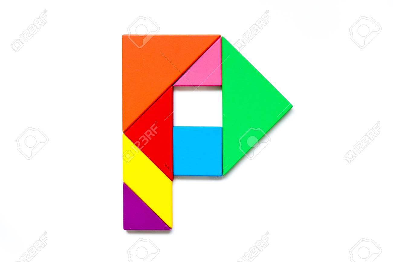 Color tangram puzzle in english alphabet p shape on white background stock photo picture and royalty free image image