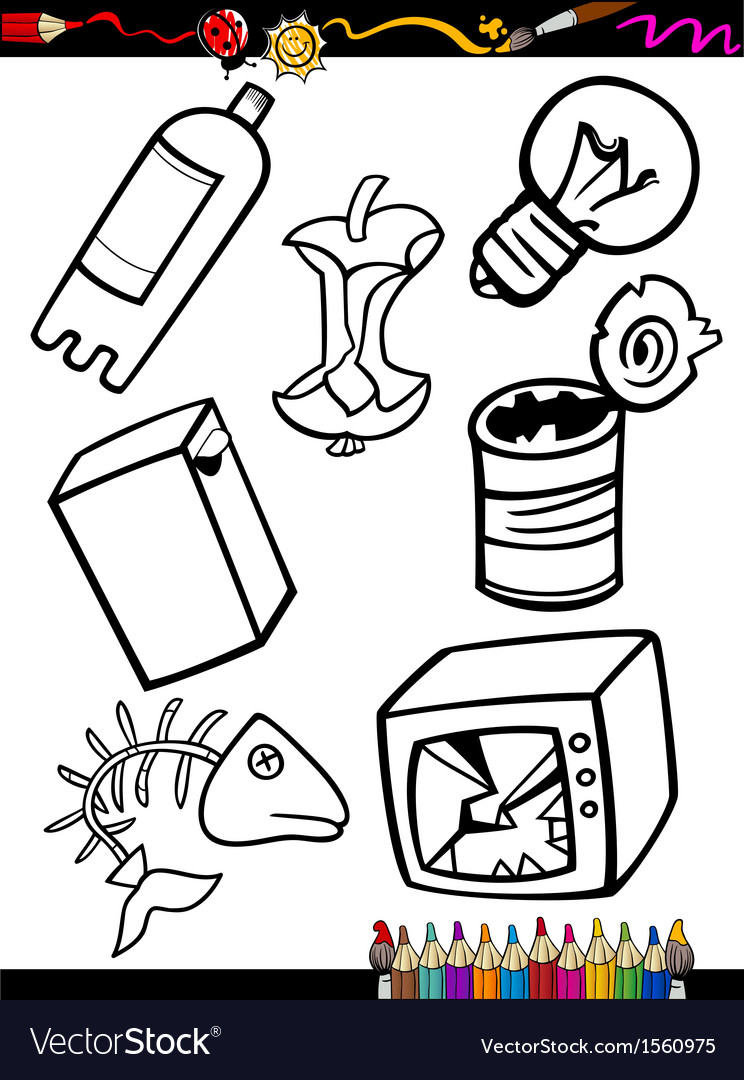 Cartoon garbage objects coloring page royalty free vector