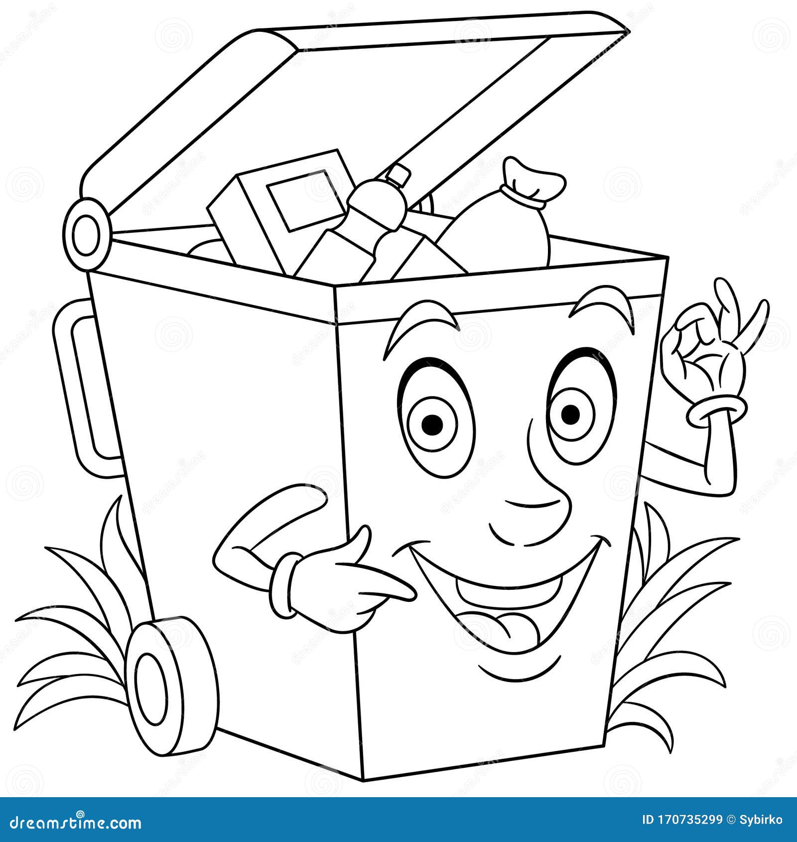 Coloring page with trash can stock vector