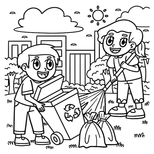 Premium vector earth day children cleaning the trash coloring