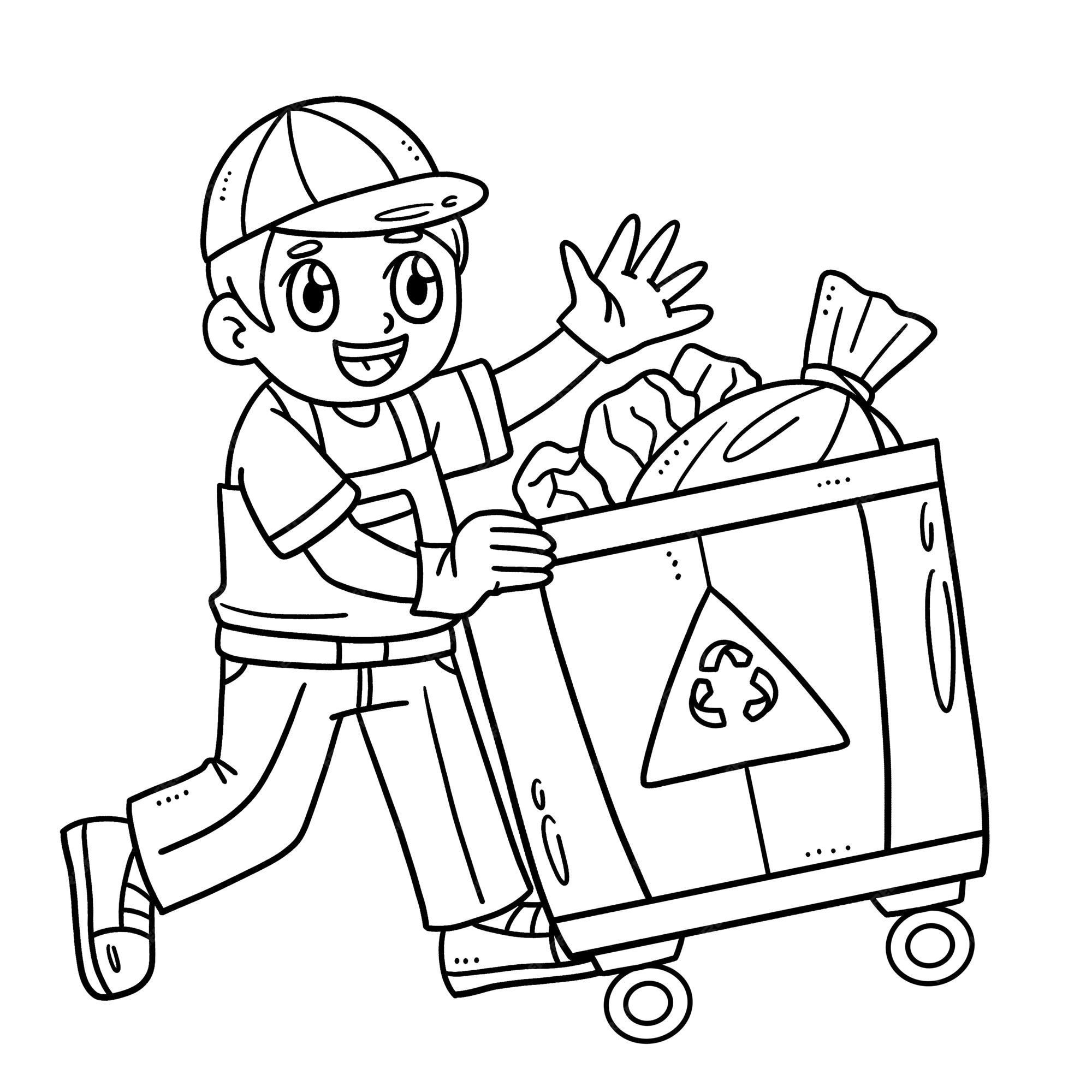 Premium vector garbage man collecting bin isolated coloring page