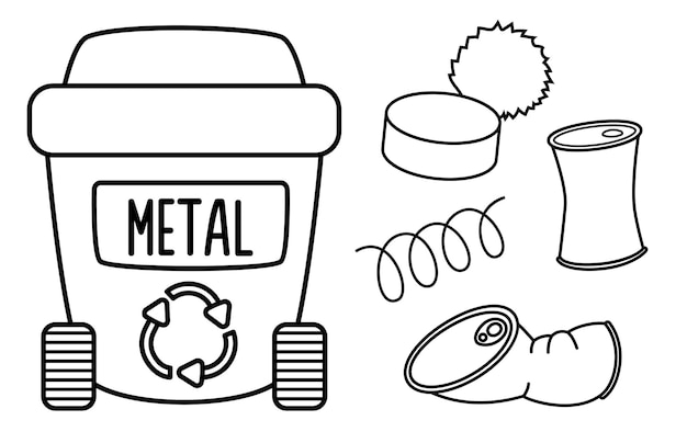 Premium vector black and white rubbish bin for metal waste with different garbage waste recycling and sorting concept or coloring page vector trash container and litter illustration ecological line set