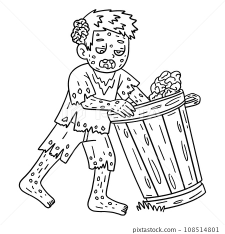 Trash can zombie isolated coloring page for kids