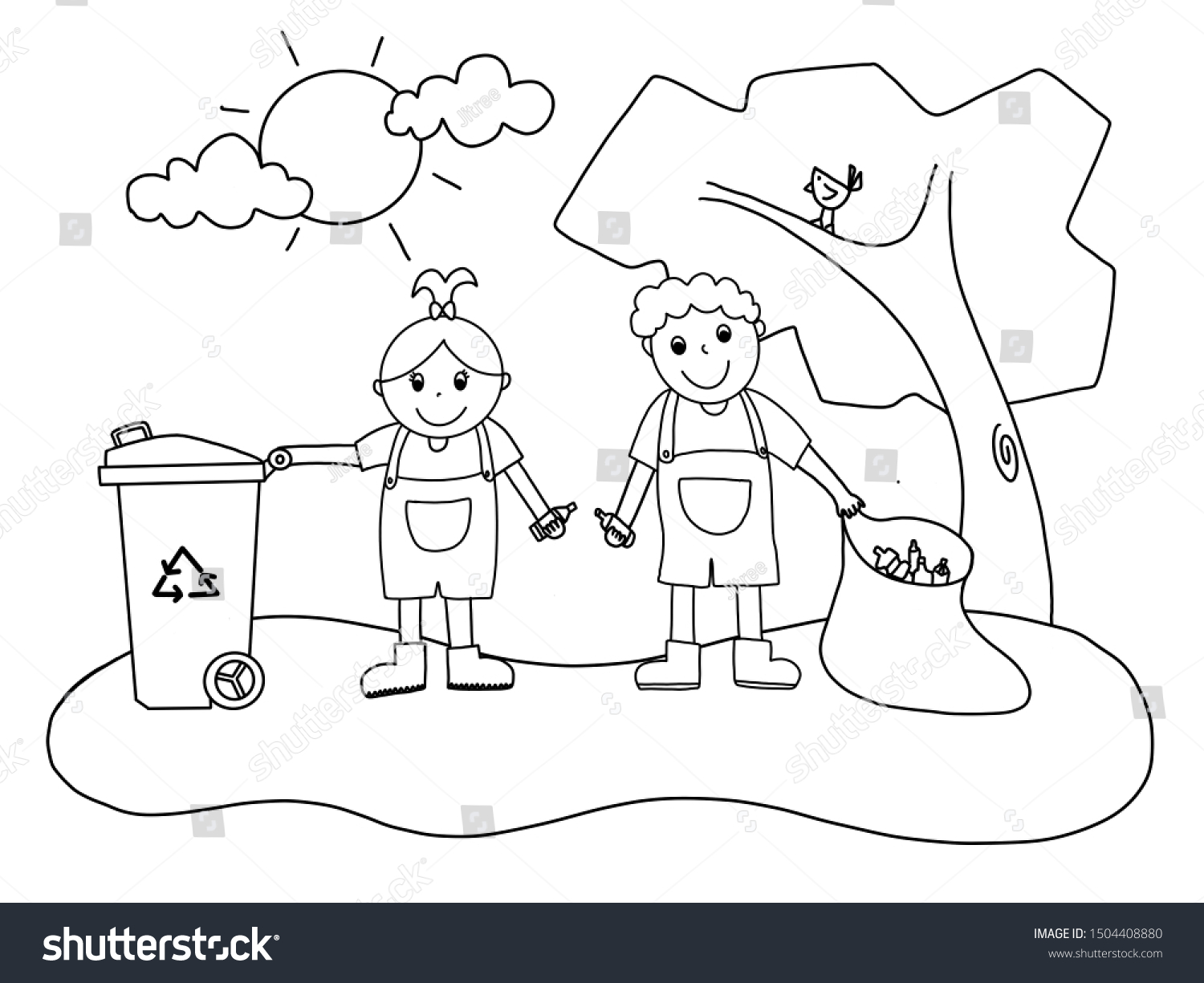 Illustration kids picking trash coloring page stock illustration