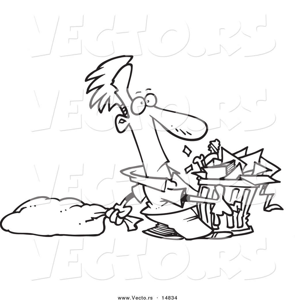 R of a cartoon man taking out a lot of trash