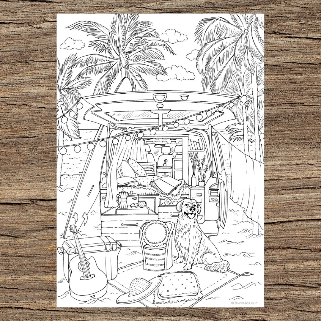 Travel in a van printable adult coloring page from favoreads coloring book pages for adults and kids coloring sheets colouring designs instant download