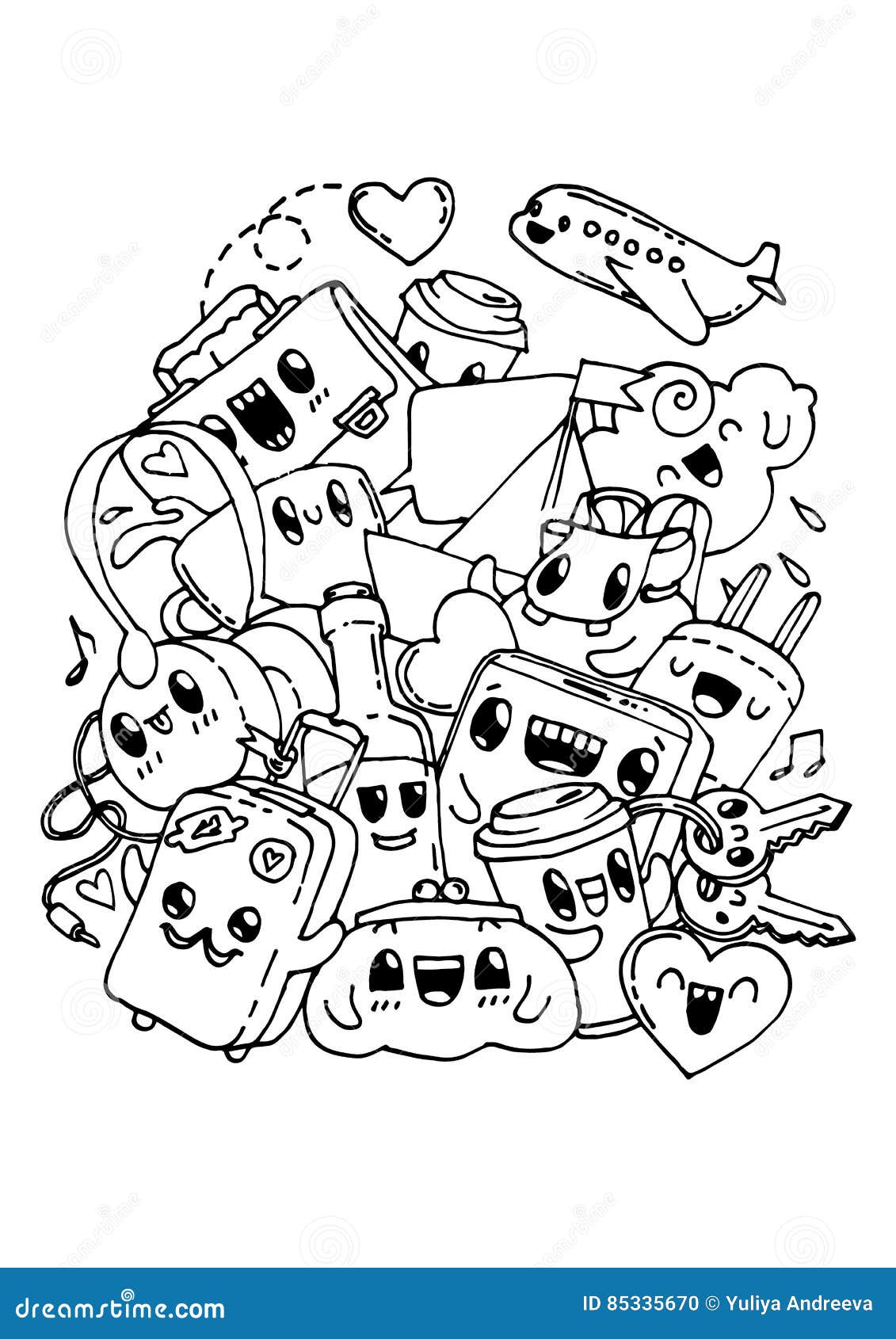 Travel doodles coloring pages for kids stock vector