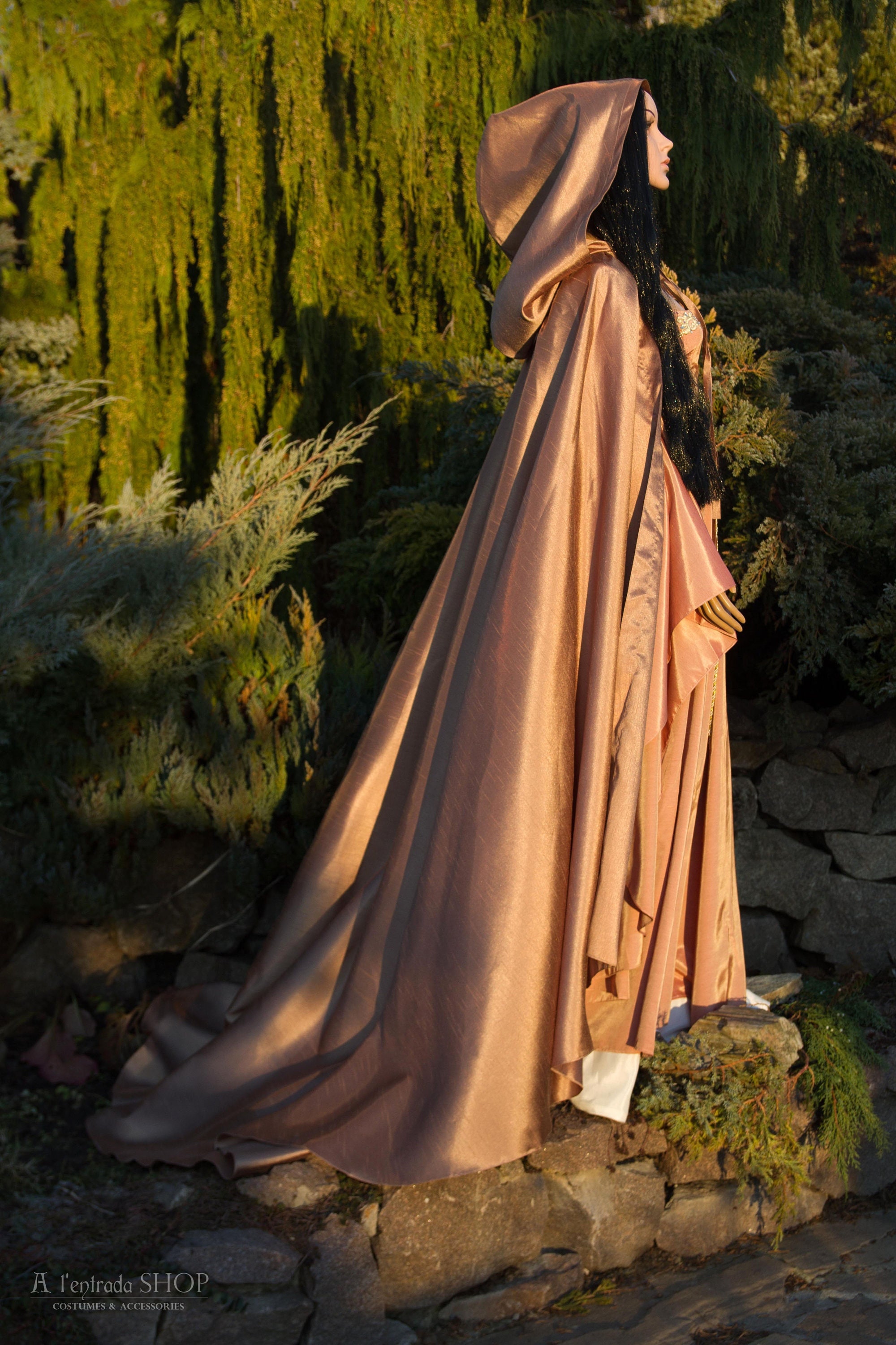 Elven cloak with hood and train medieval cloak fantasy style witch cloak with cowl fairy cloak elven style fairy costume adult