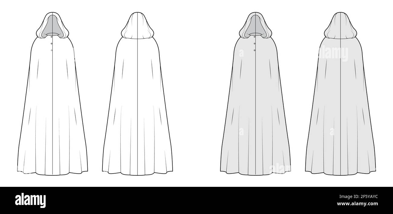 Cloak coat technical fashion illustration with hood oversized trapeze body floor maxi length button closure flat jacket template front back white grey color women men unisex top cad mockup stock vector image