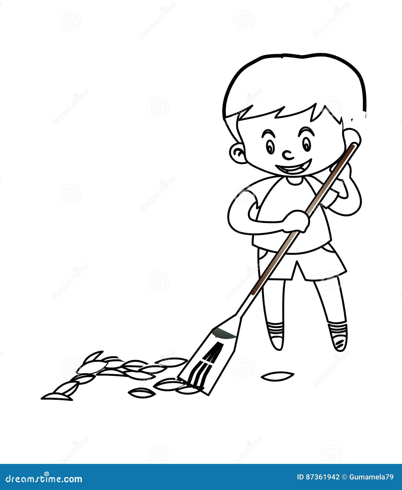 Little boy sweeping the floor coloring page stock illustration