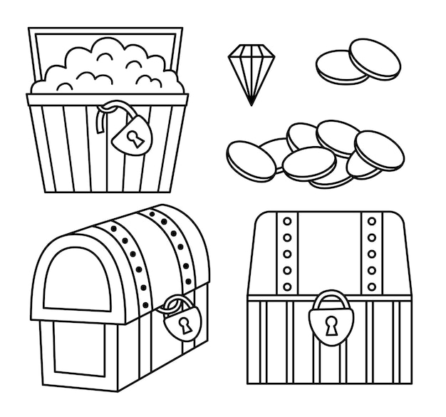 Premium vector treasure black and white chest icon set pirate line wooden coffers collection treasure island outline element or coloring page old wood box picture with jewelry lock gem coinsxa