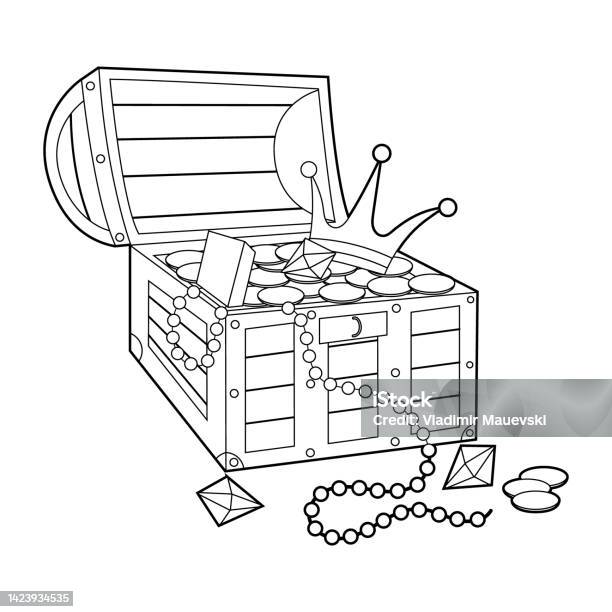 Treasure chest black and white coloring book page stock illustration