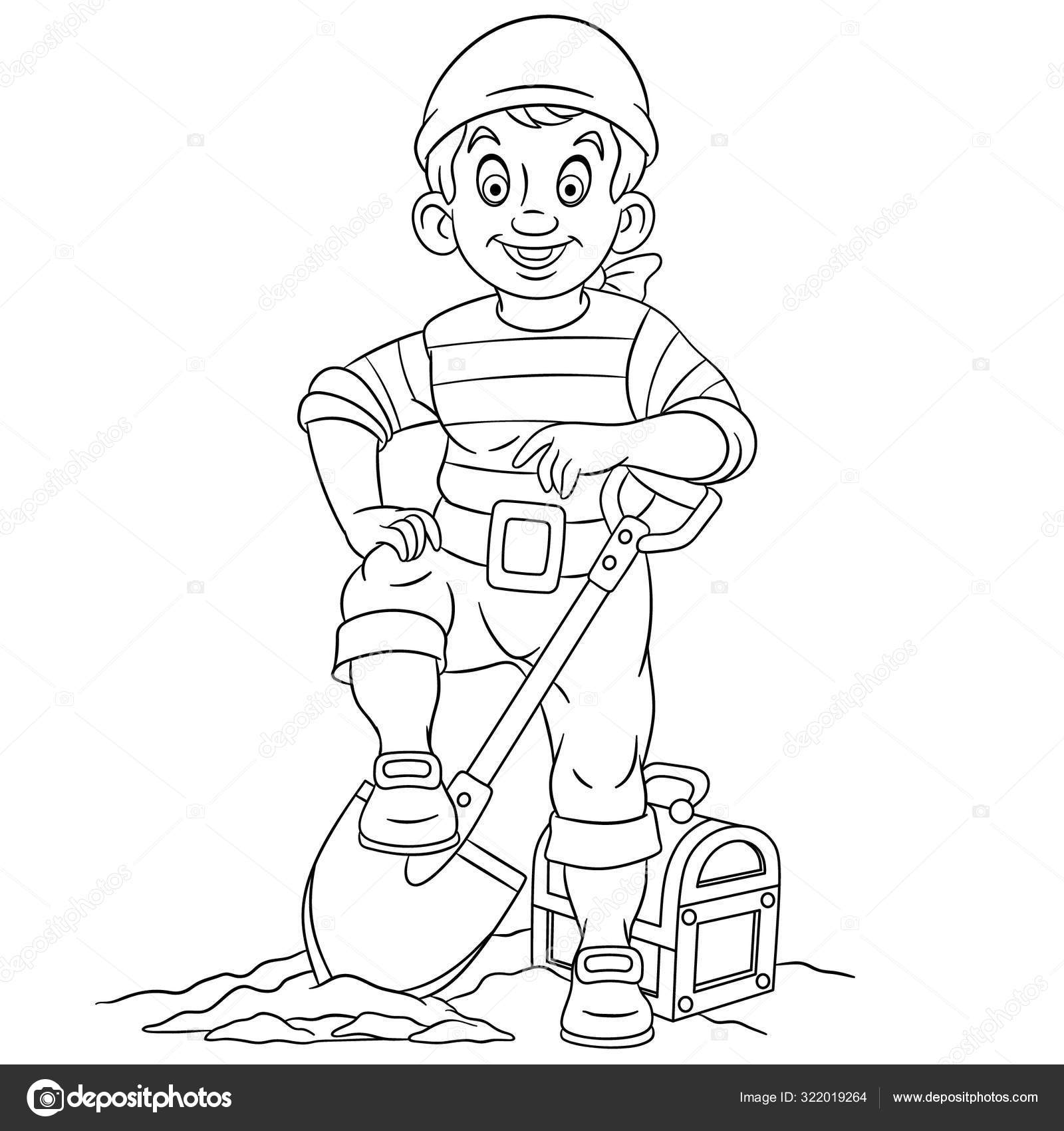 Coloring page with pirate and treasure chest stock vector by sybirko