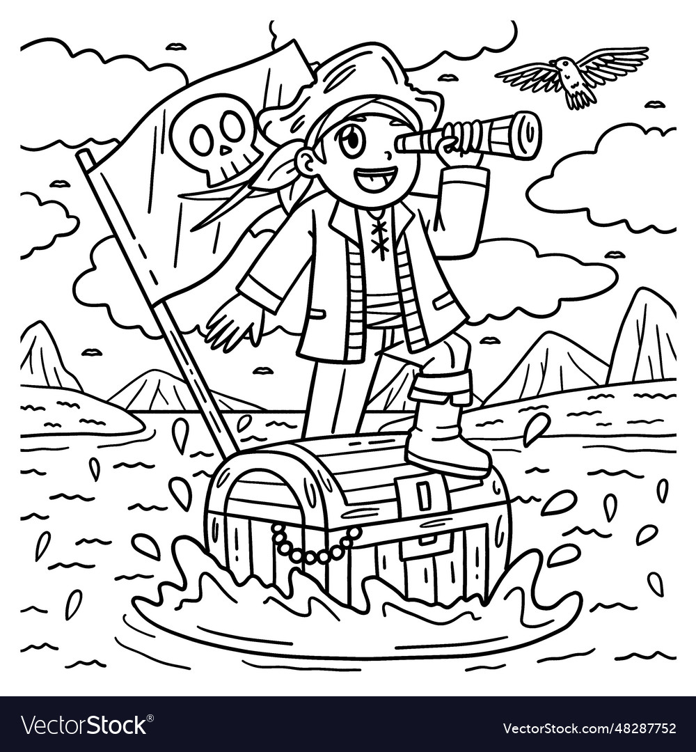 Pirate and chest floating over sea coloring page vector image