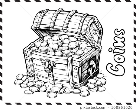 Chest with coins coloring page for kids