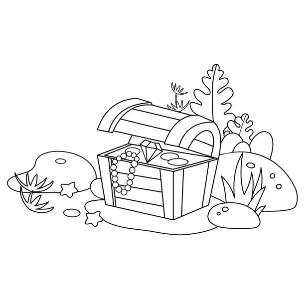 Coloring page outline of cartoon pirate chest with gold jewel or gem and diamond sunken treasure marine underwater world coloring book for kids stock illustration